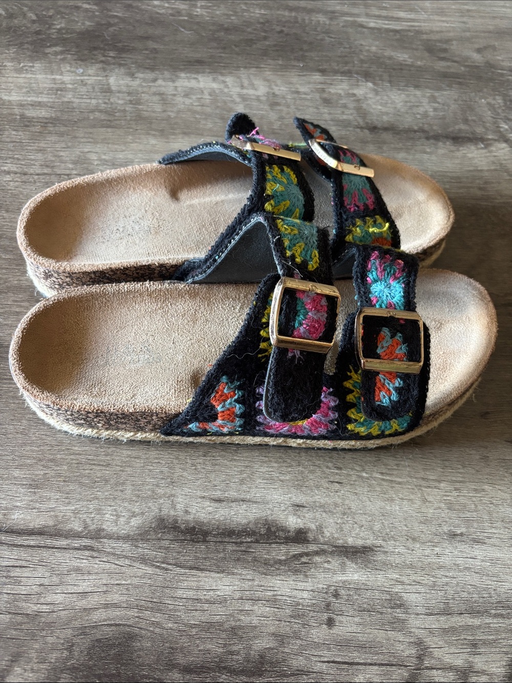 Embroidered Double Buckle Slide Sandals - Black with Multicolor Floral Stitching